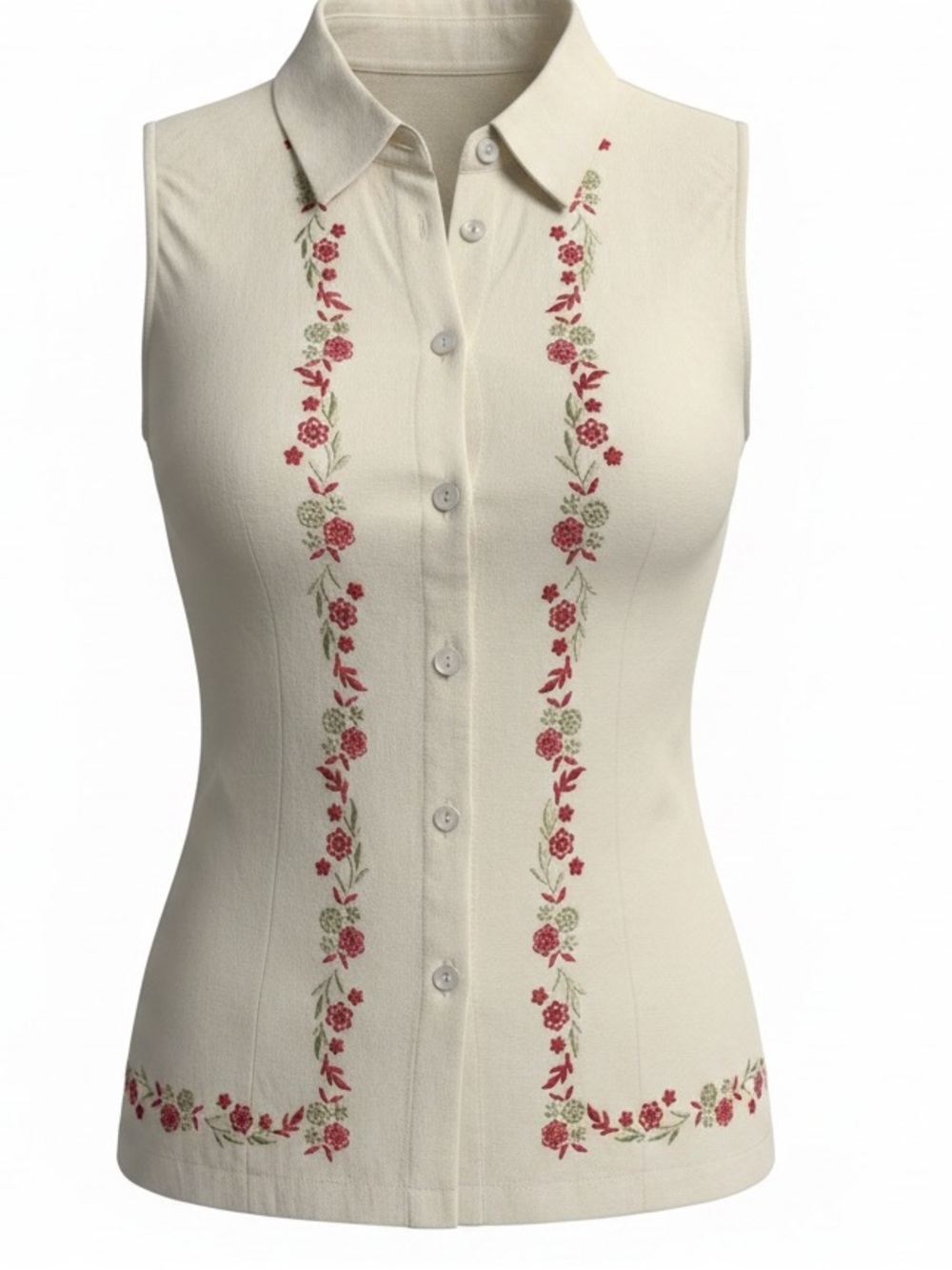California Style Women’s Ivory Floral Silk Embroid Button-Front Blouse SZ M EUC